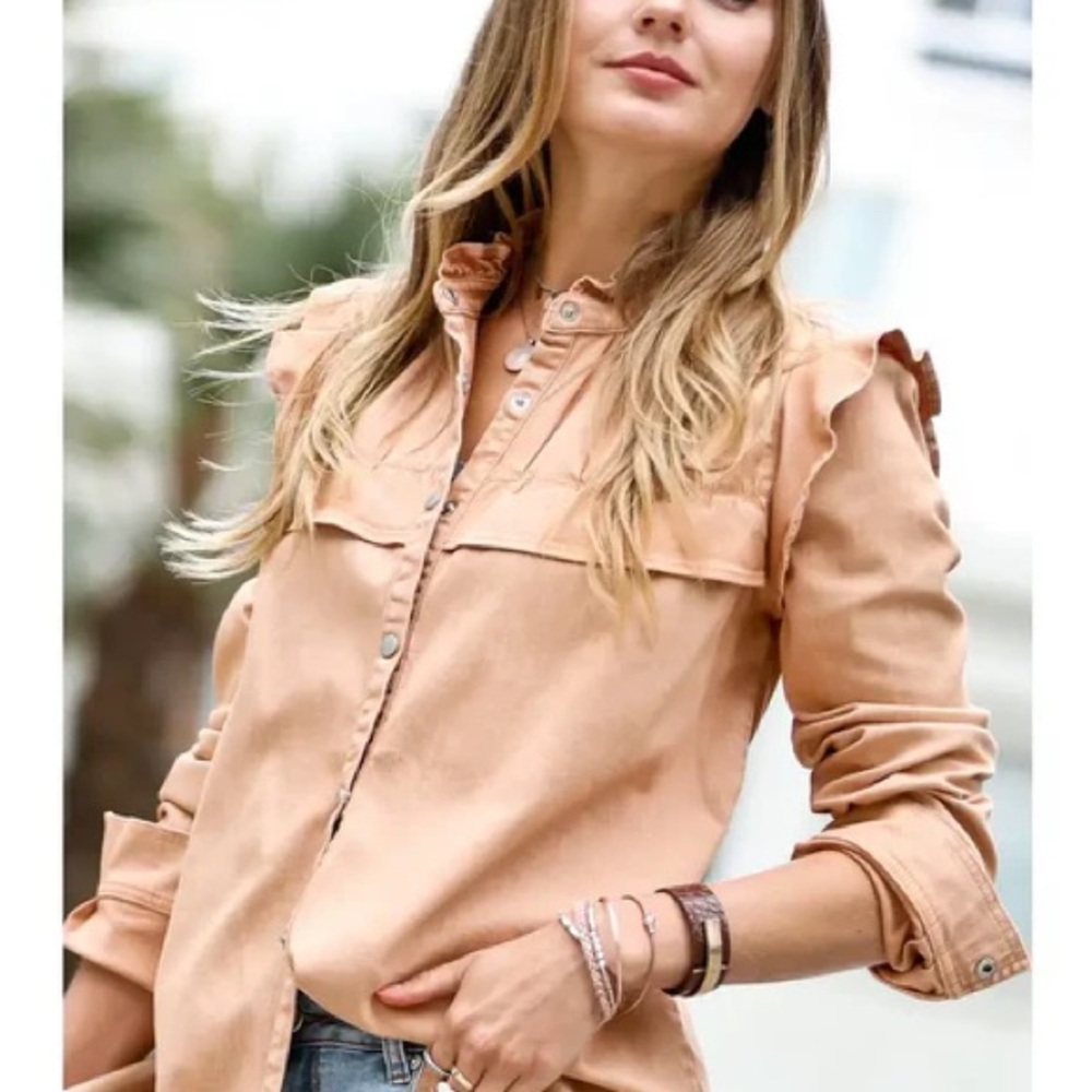 Womens Button-Down Shirt with Ruffle Shoulder